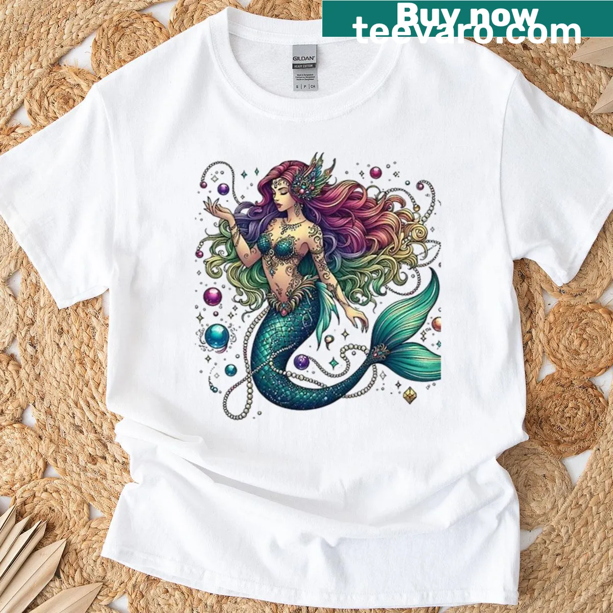 Oversized T-shirt with an illustrated mermaid and ocean waves — on a men's t-shirt