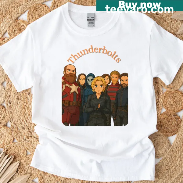 T-shirt with playful graphic inspired by Thunderbolts and superhero themes