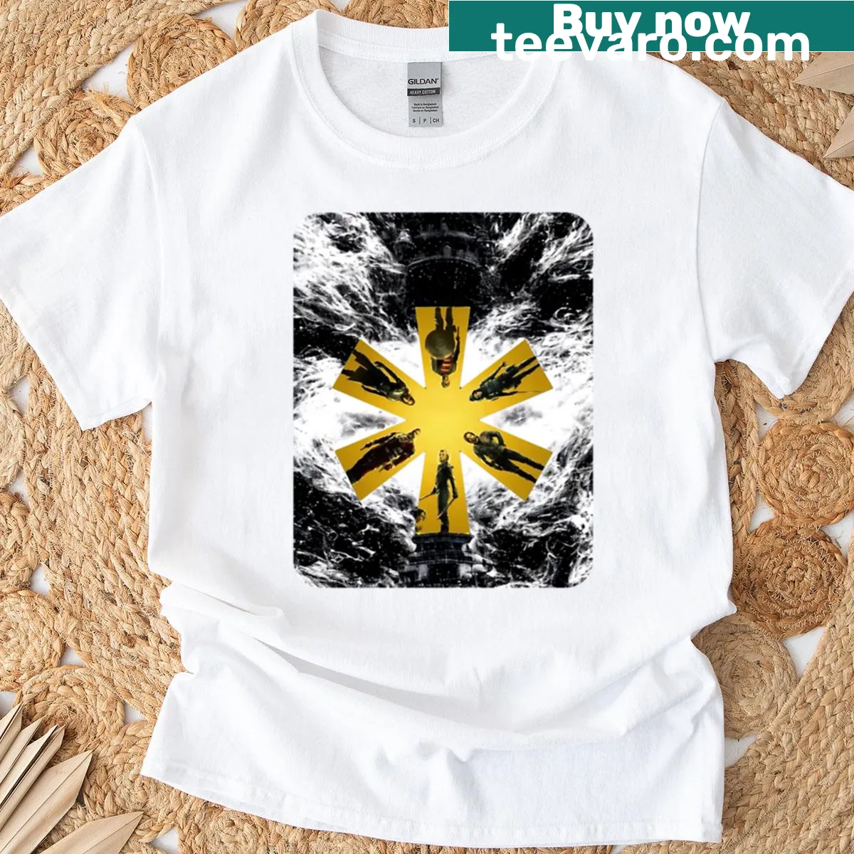 T-shirt featuring a bold Thunderbolts superhero design. — on a men's t-shirt