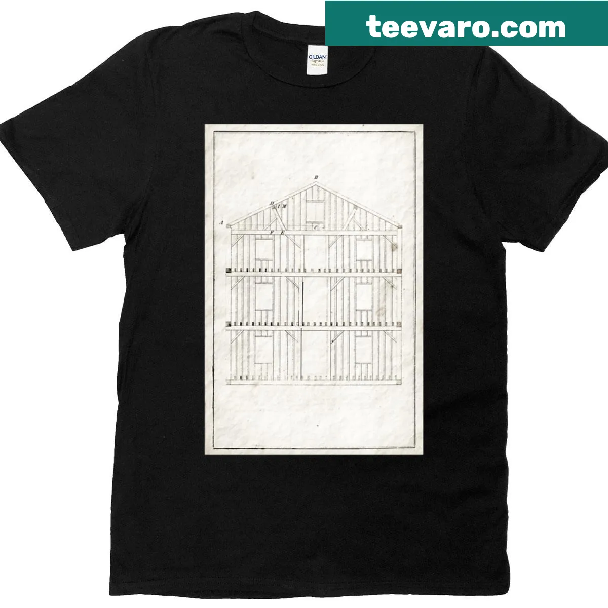 Architectural drawing from 1858 with timber and balloon elements on a t-shirt. — on a men's t-shirt