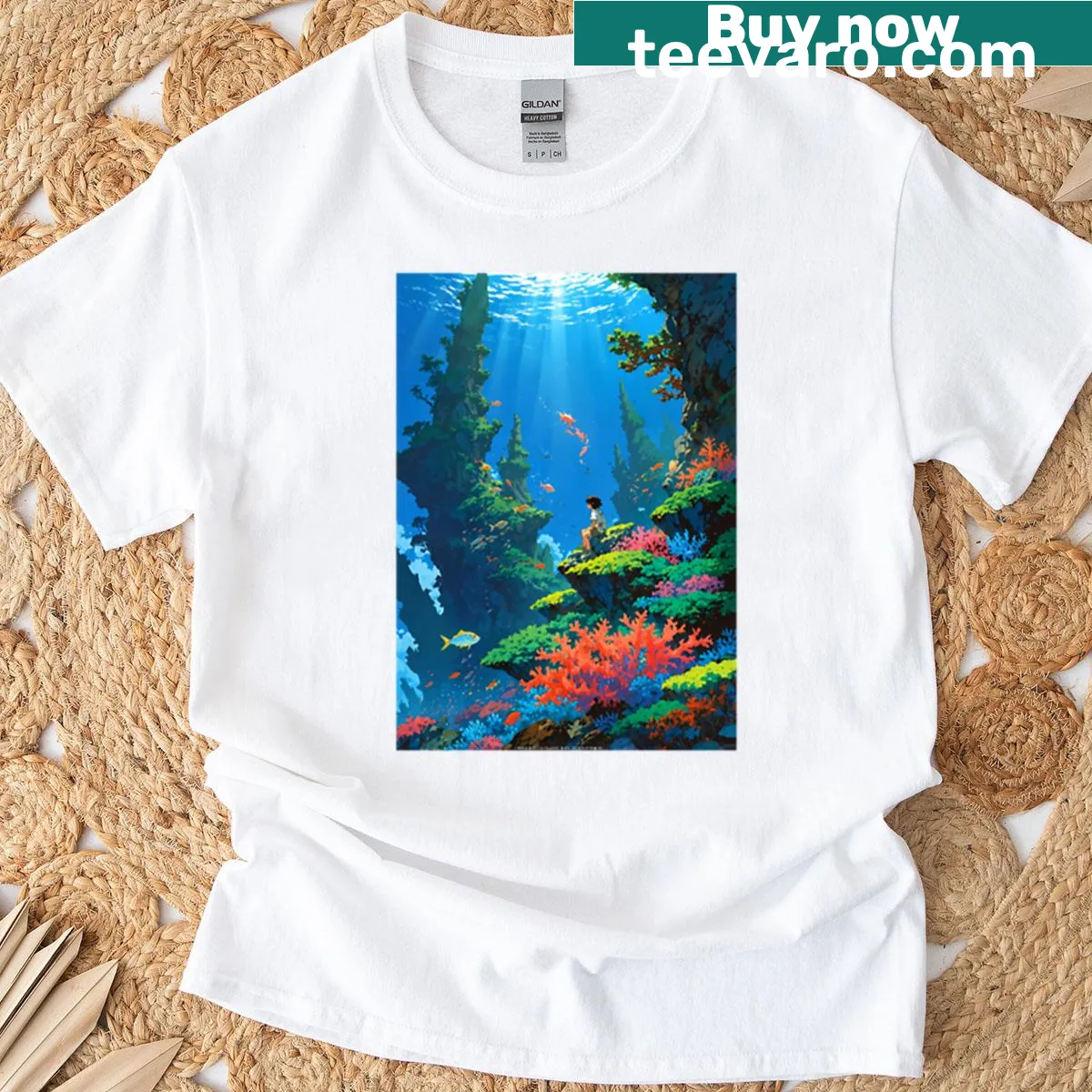 Oversized T-shirt with dreamy retro anime underwater artwork — on a men's t-shirt
