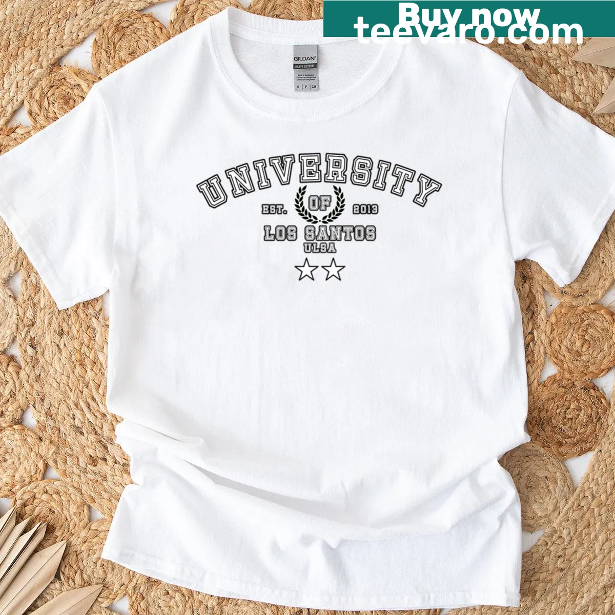 T-shirt featuring University of Los Santos logo — on a men's t-shirt