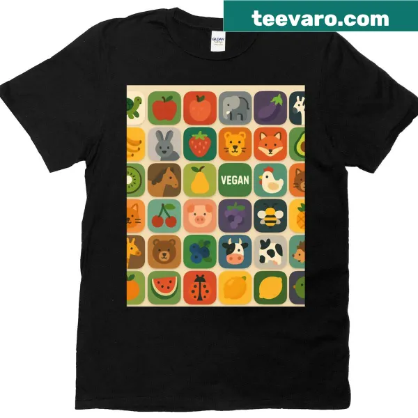 Vegan Village Icons graphic t-shirt featuring illustrations of vegan lifestyle
