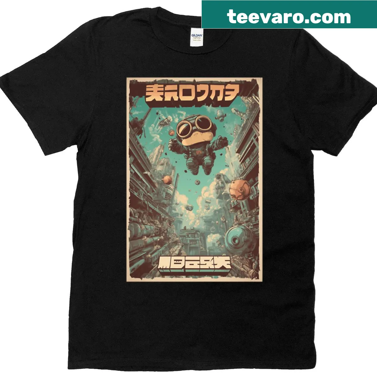 T-shirt with vintage 1980s platformer video game box art design — on a men's t-shirt