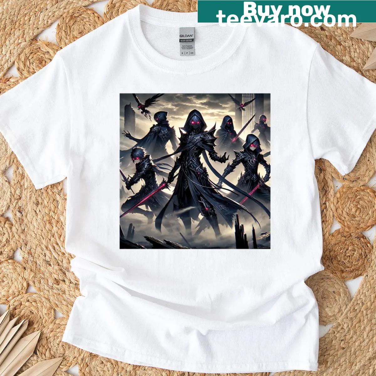Illustrated T-shirt featuring fantasy warriors set against dark backgrounds — on a men's t-shirt