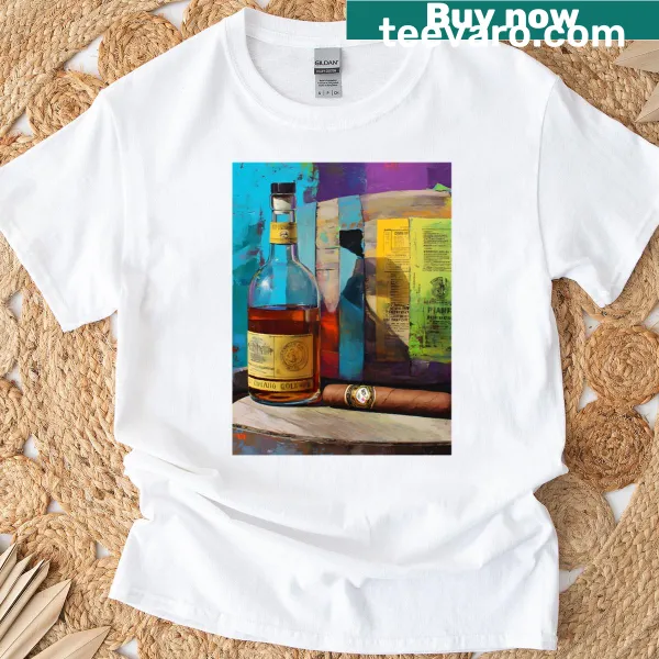 T-shirt featuring illustration of whiskey and cigar on rustic barrel