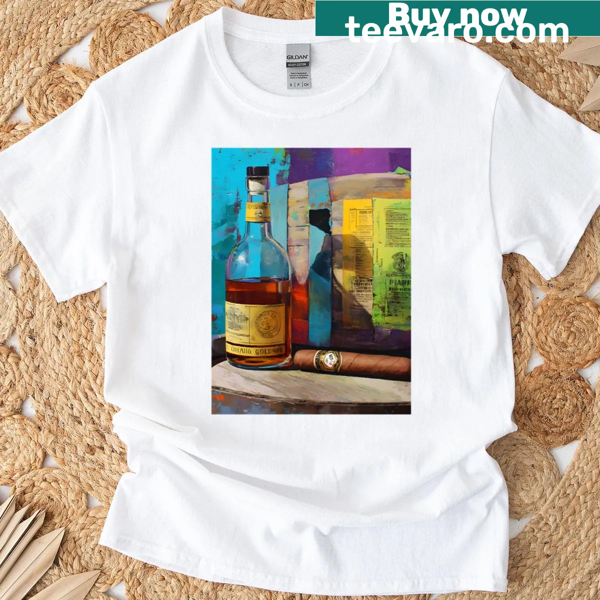 T-shirt featuring illustration of whiskey and cigar on rustic barrel — on a men's t-shirt