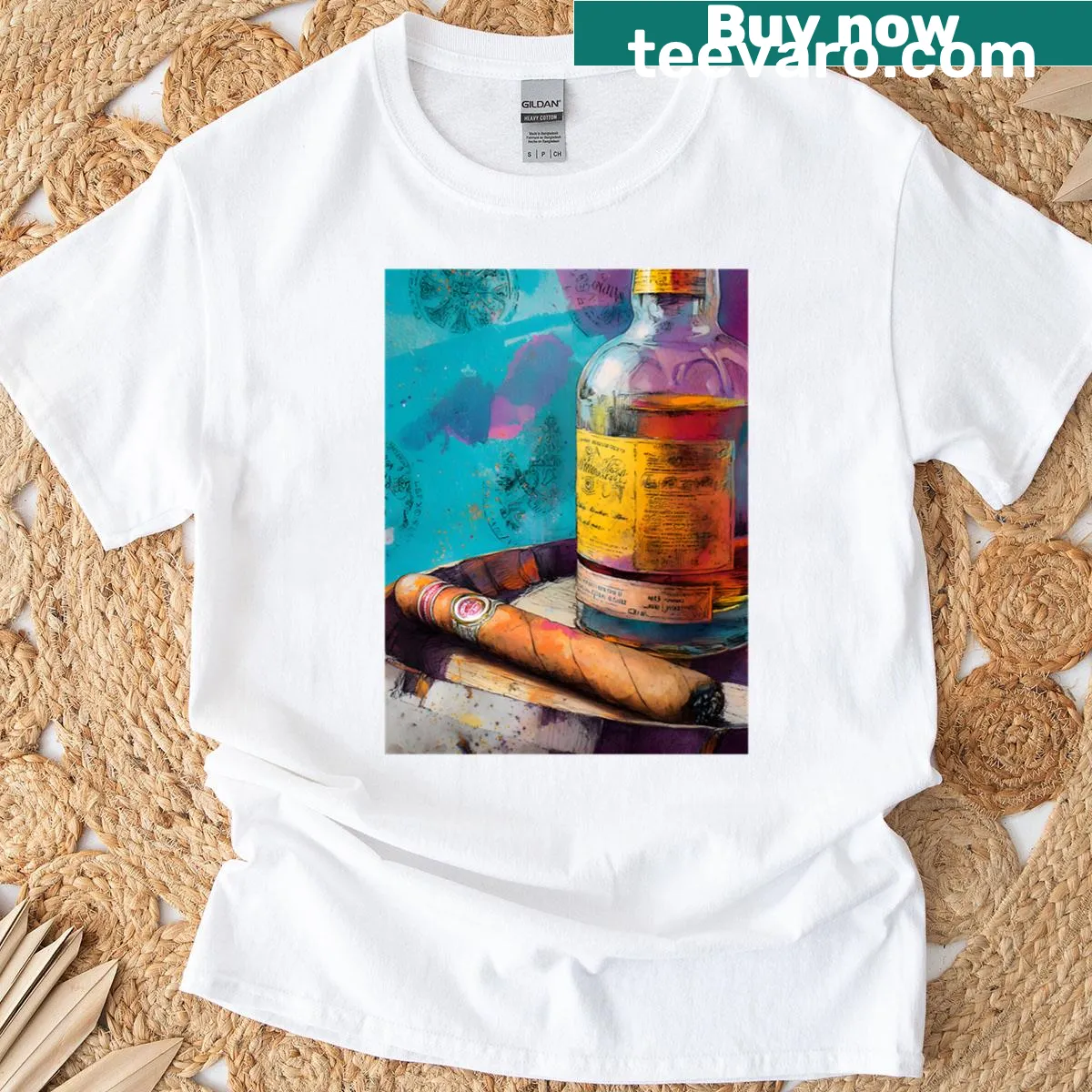 T-shirt featuring illustration of whiskey bottle and cigar on aged barrel — on a men's t-shirt