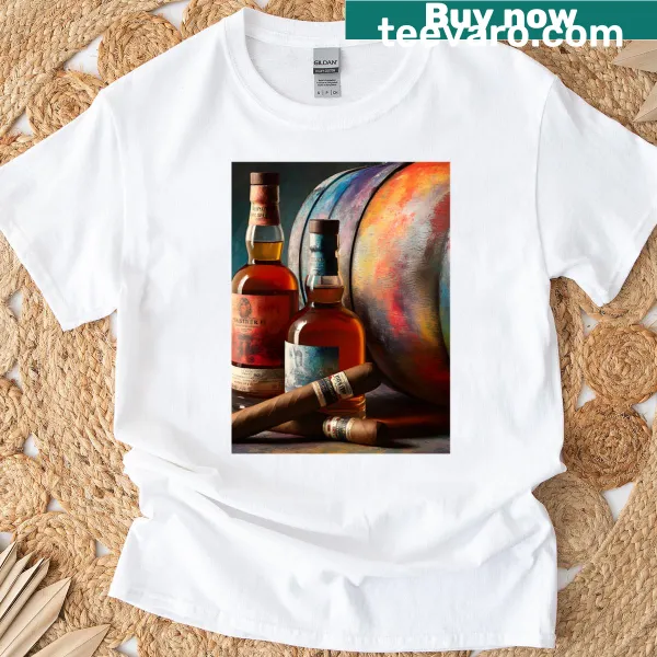 T-shirt with illustration of whiskey bottles and cigars beside a barrel