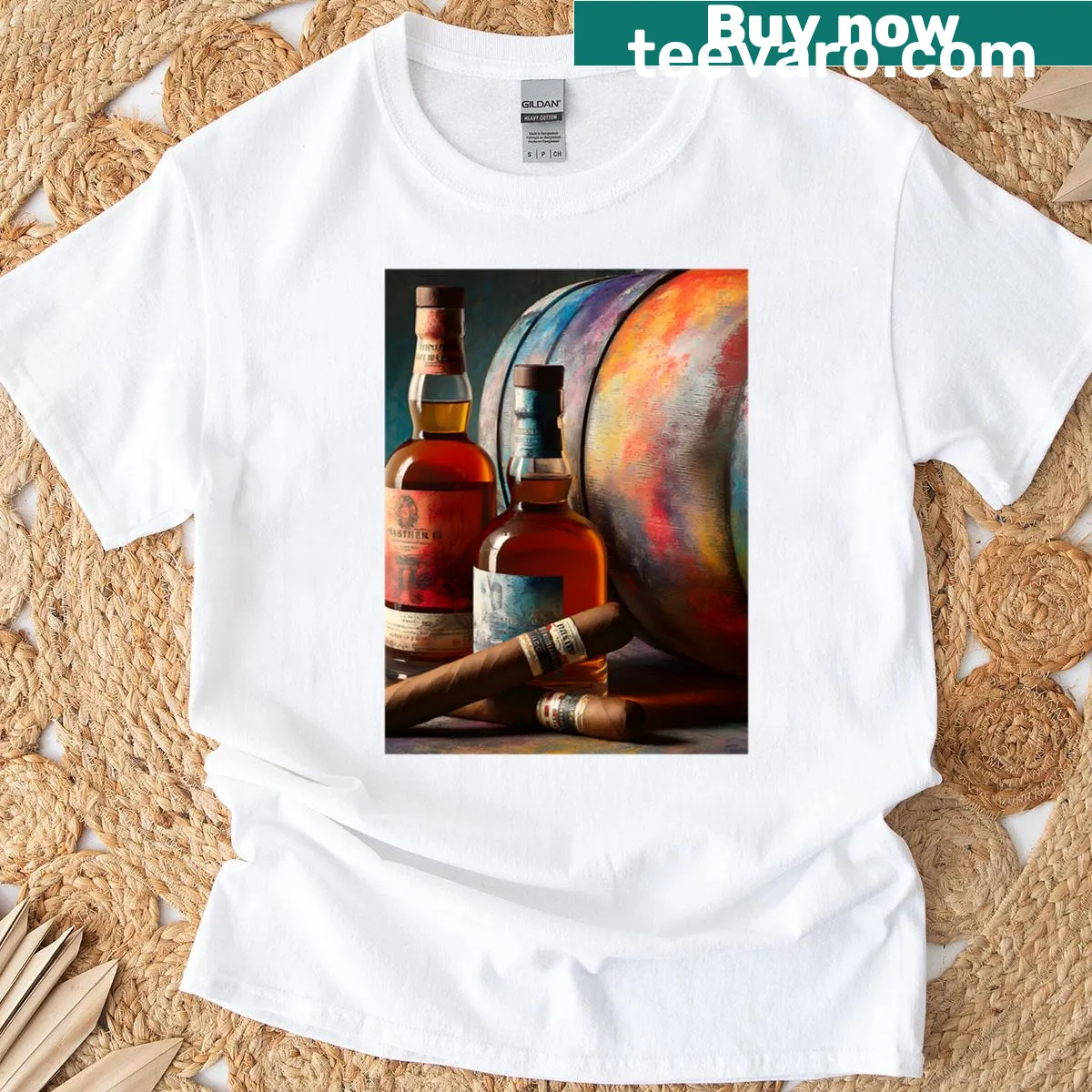 T-shirt with illustration of whiskey bottles and cigars beside a barrel — on a men's t-shirt