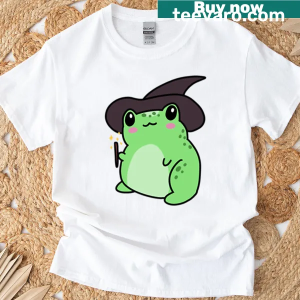 Cartoon frog with the text 'Yer A Wizard' on a T-shirt