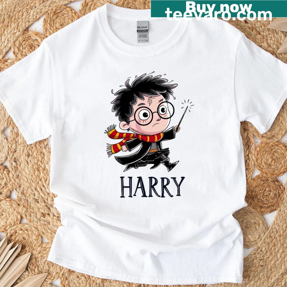 Illustration of a young wizard holding a wand — on a men's t-shirt