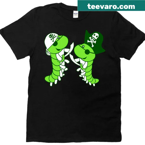 Cartoon pirate caterpillars graphic on a fun kids' t-shirt