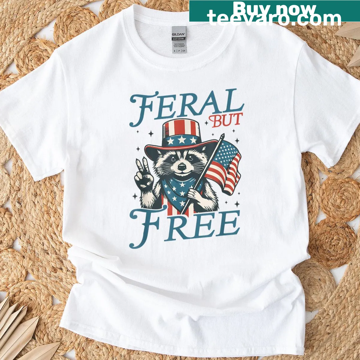Funny toddler T-shirt with cartoon raccoon and 'Feral But Free' text — on a men's t-shirt