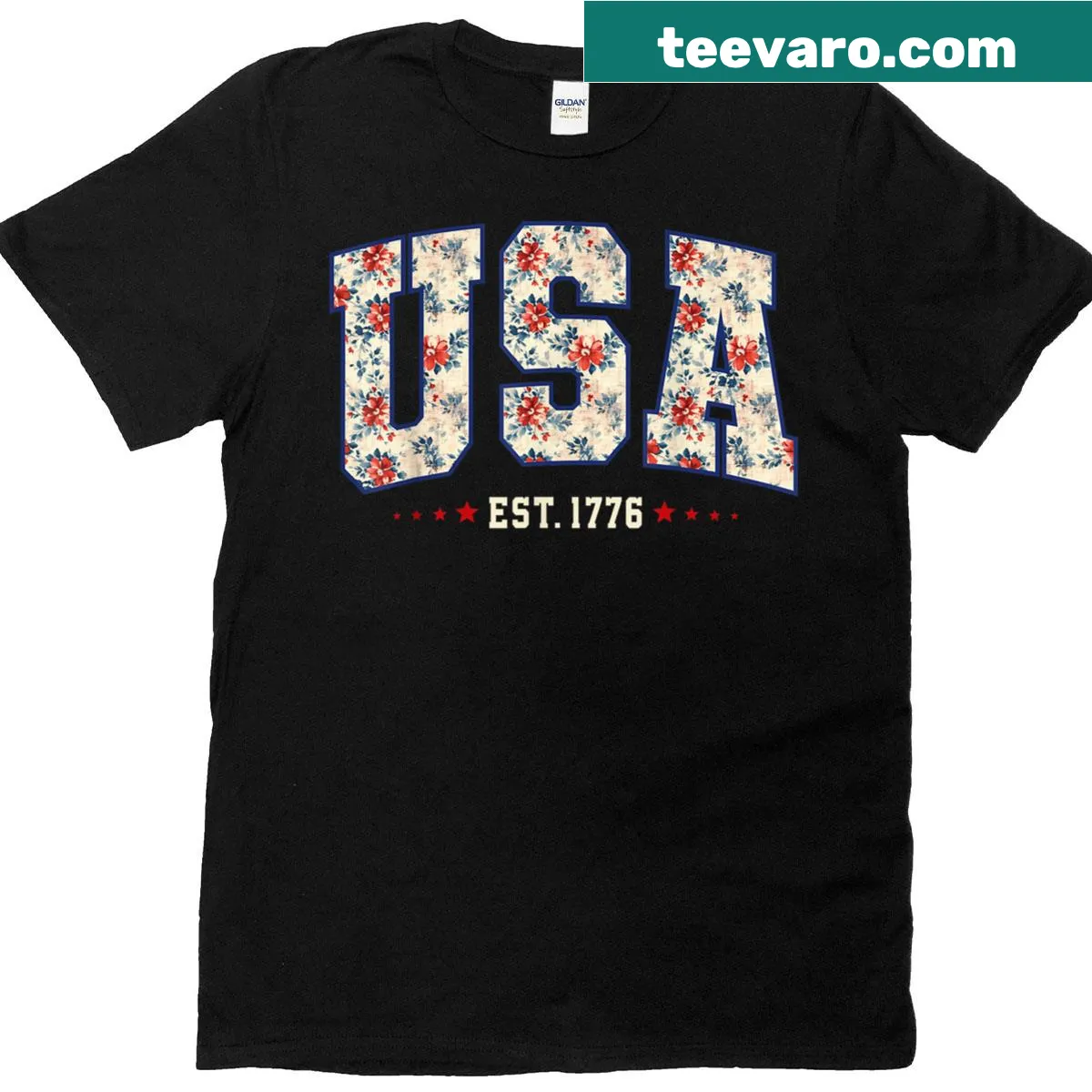 Floral design with American flag and established date 1776 — on a men's t-shirt