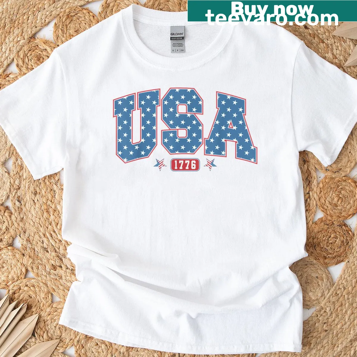 Patriotic T-shirt featuring the US flag and USA Est 1776 — on a men's t-shirt