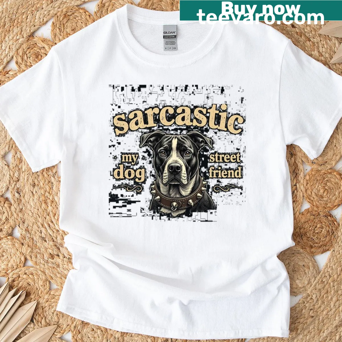 Cartoon T-shirt of a pitbull in a spiked collar with a sarcastic tone — on a men's t-shirt