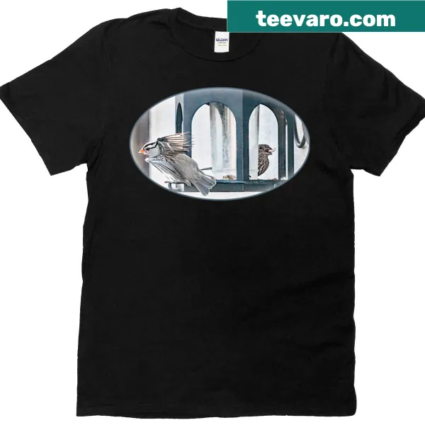 T-shirt featuring birds at a bird feeder illustration