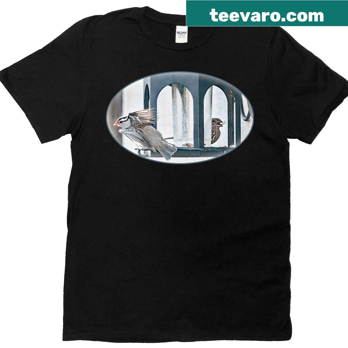 T-shirt featuring birds at a bird feeder illustration — on a men's t-shirt
