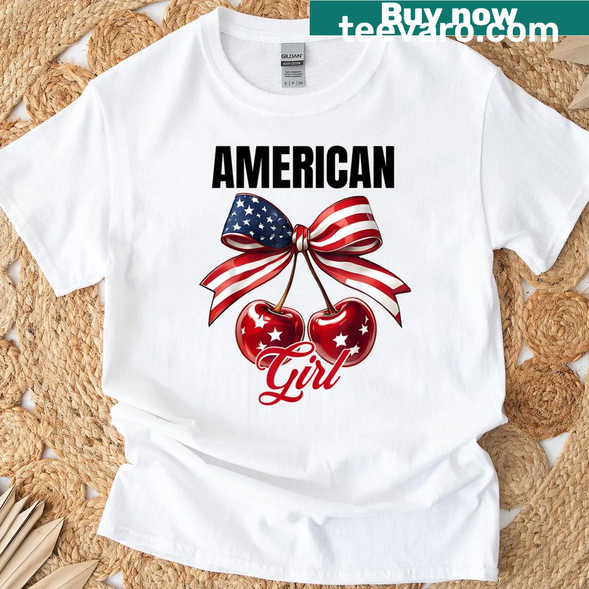 Patriotic T-shirt with American flag and cherry bow graphic. — on a men's t-shirt