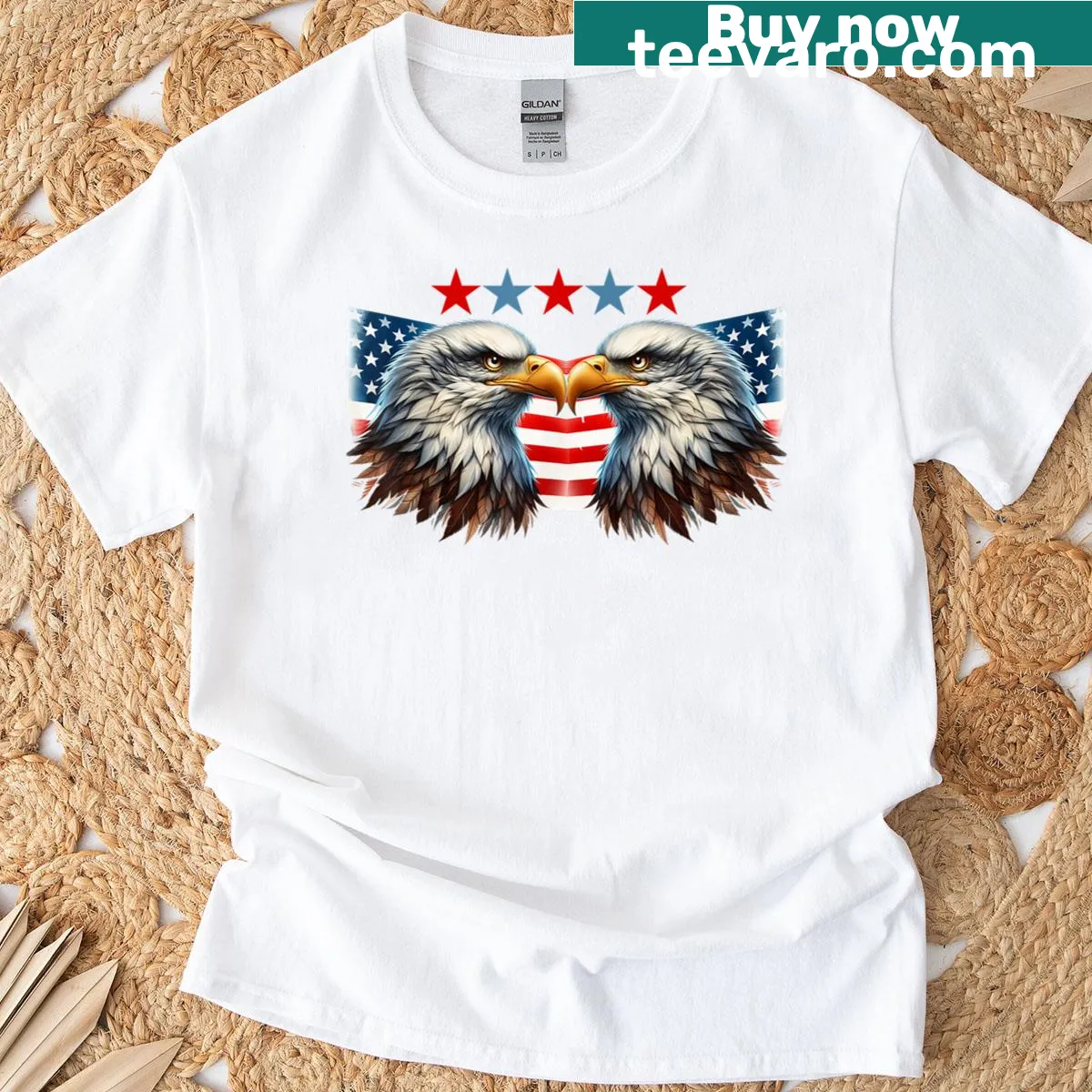 Patriotic t-shirt with bald eagle and American flag illustration — on a men's t-shirt