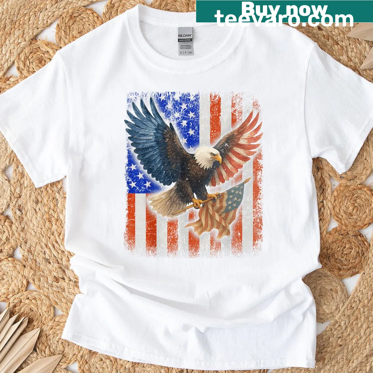 Patriotic T-shirt featuring bald eagle and American flag graphic. — on a men's t-shirt