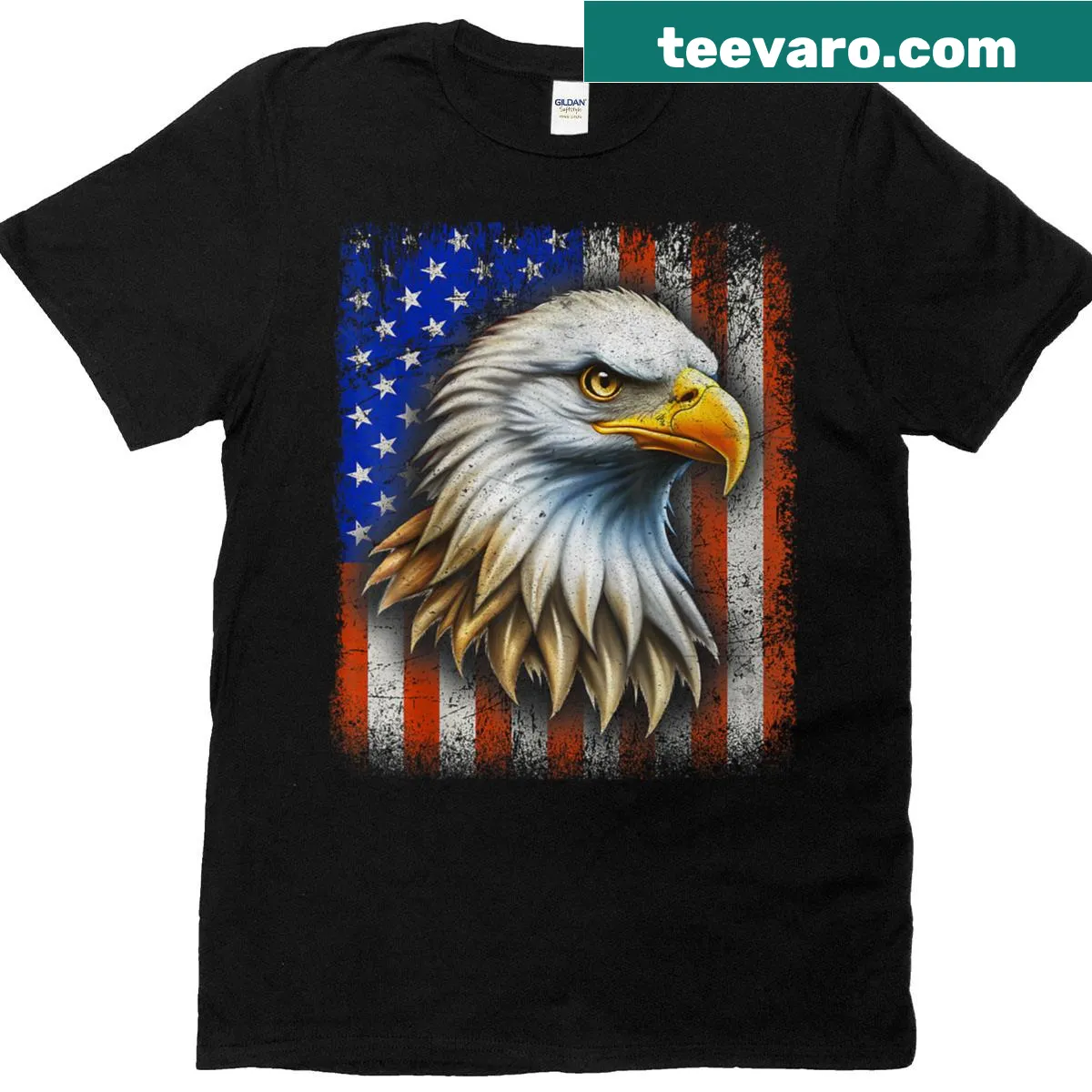 Bald eagle above the American flag on a patriotic t-shirt — on a men's t-shirt