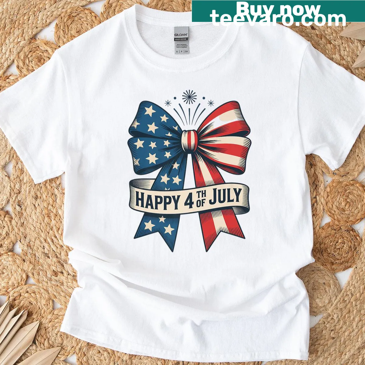 T-shirt featuring a bow over the American flag for 4th of July. — on a men's t-shirt