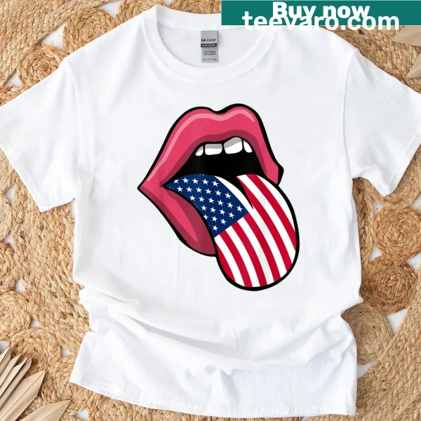 Humorous t-shirt featuring lips with American flag design