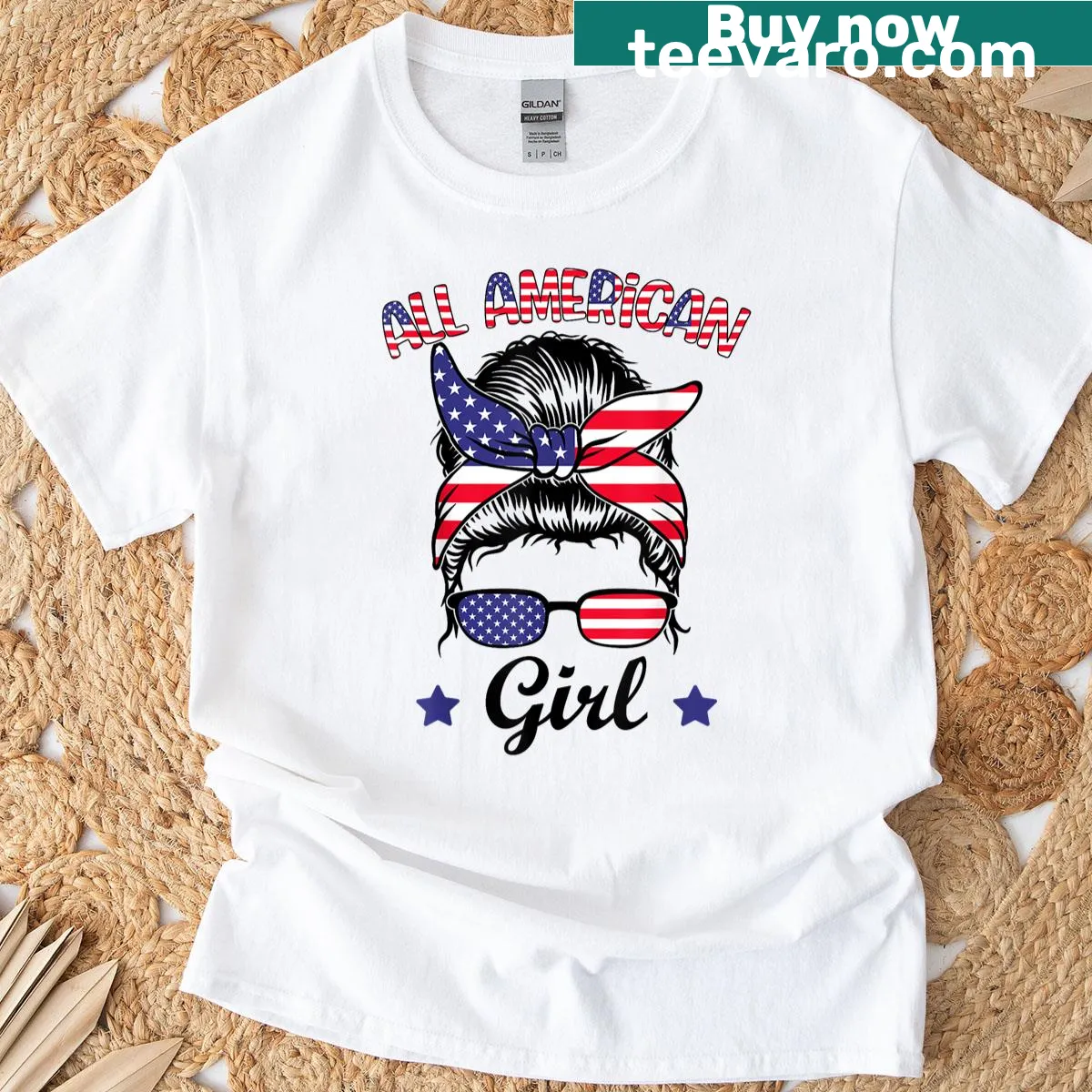 Patriotic t-shirt featuring a girl with a messy bun and USA flag — on a men's t-shirt