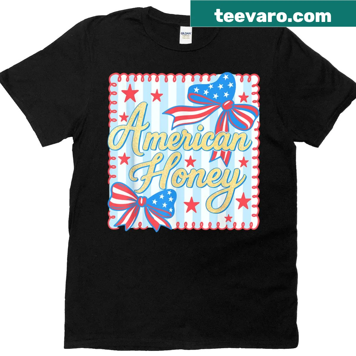 Coquette bow design with stars and stripes for a patriotic T-shirt — on a men's t-shirt