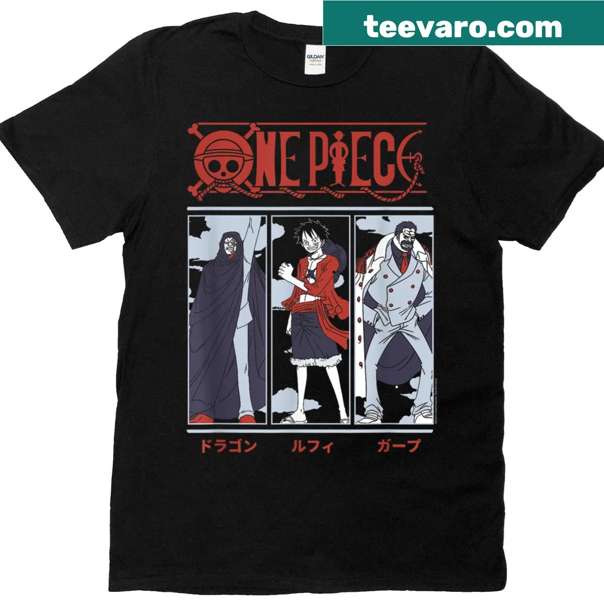Anime-inspired T-shirt with Luffy and Garp illustrations — on a men's t-shirt