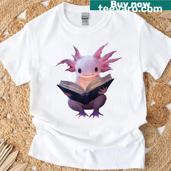 Kawaii axolotl reading a book graphic on a kids' t-shirt