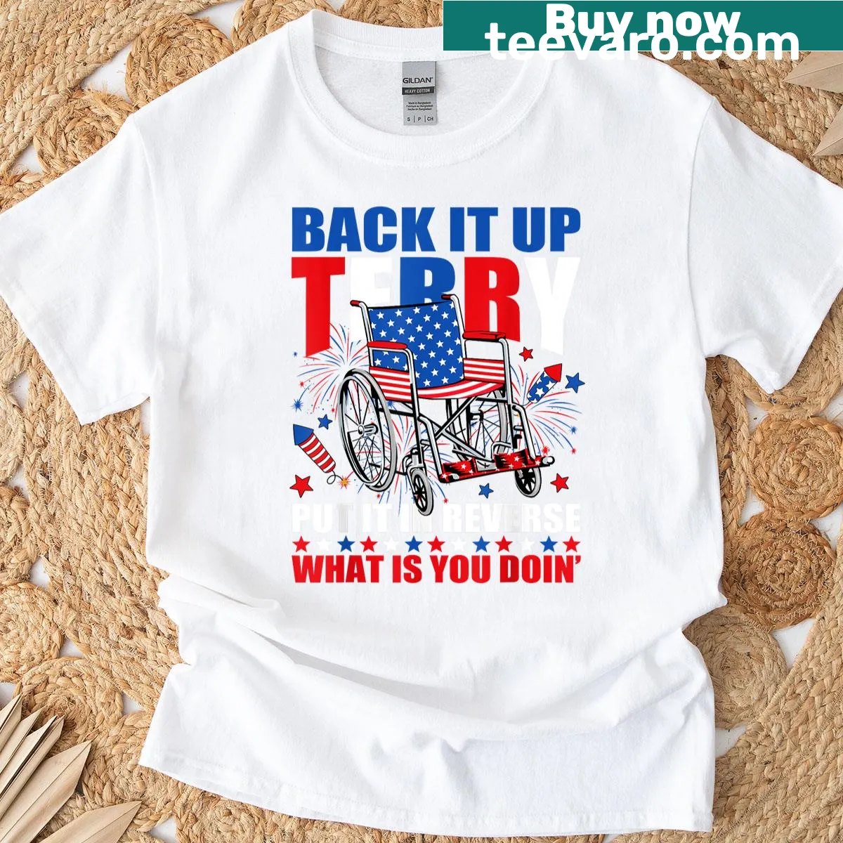 Funny 'Back Up Terry' quote graphic on a July 4th t-shirt — on a men's t-shirt