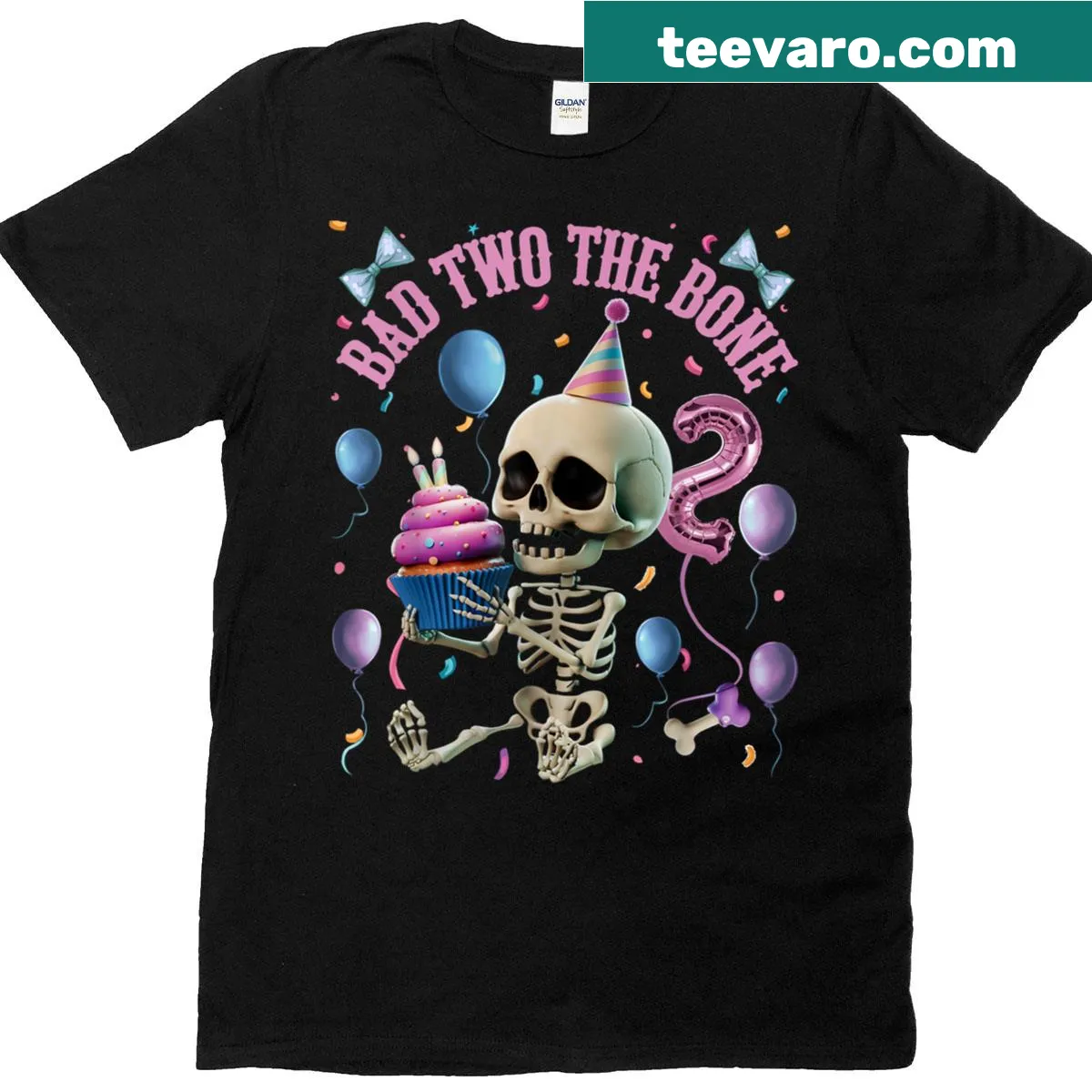Toddler birthday t-shirt with 'Bad Two The Bone' text and balloons — on a men's t-shirt
