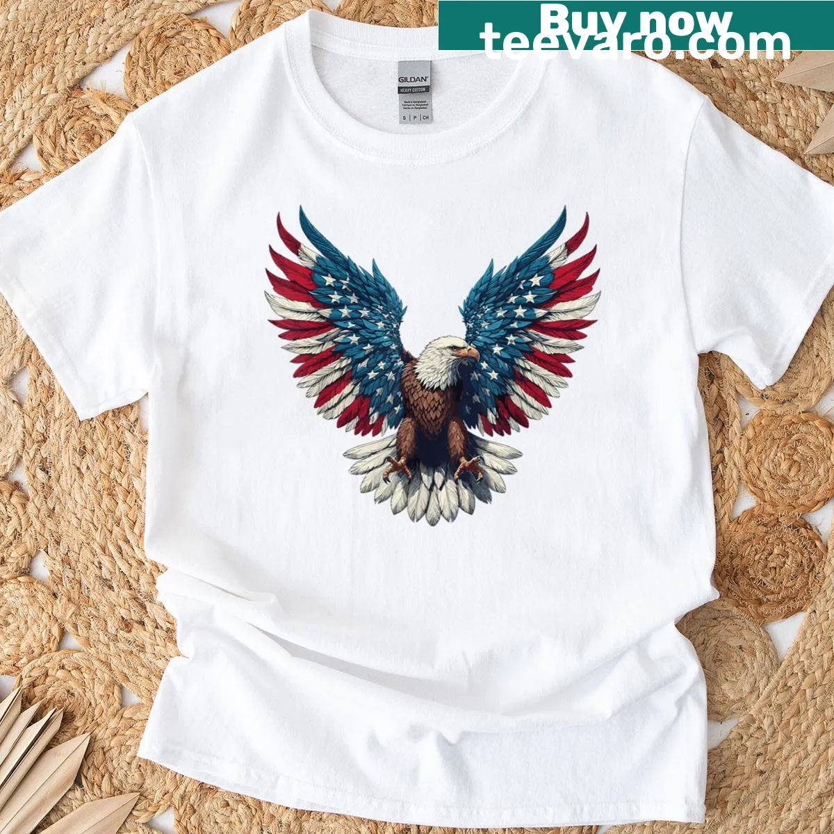 Bald eagle and American flag graphic on a patriotic t-shirt — on a men's t-shirt