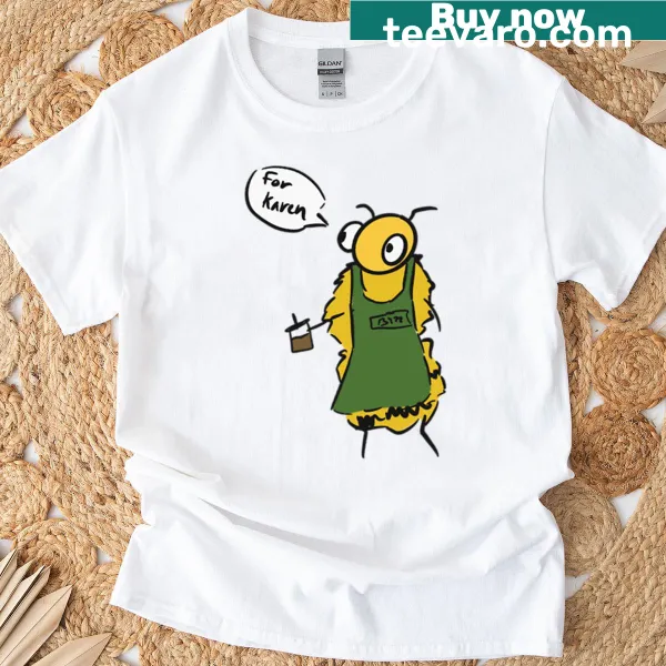 Cute cartoon bee in a barista outfit on a t-shirt.