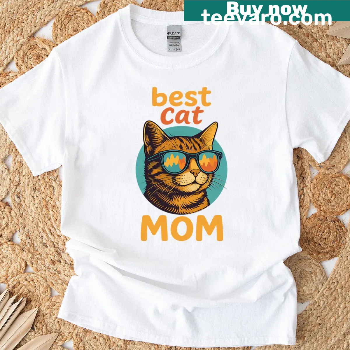 Retro cat-themed t-shirt with 'Best Cat Mom' text and whimsical cat graphic — on a men's t-shirt