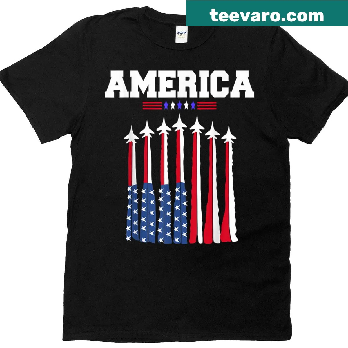 T-shirt with fighter jets and American flag for kids — on a men's t-shirt