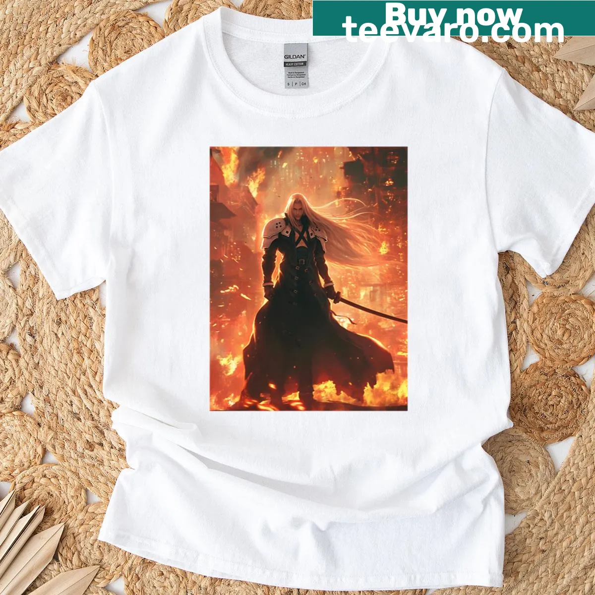 Illustrative t-shirt featuring brave swordsmen in action — on a men's t-shirt