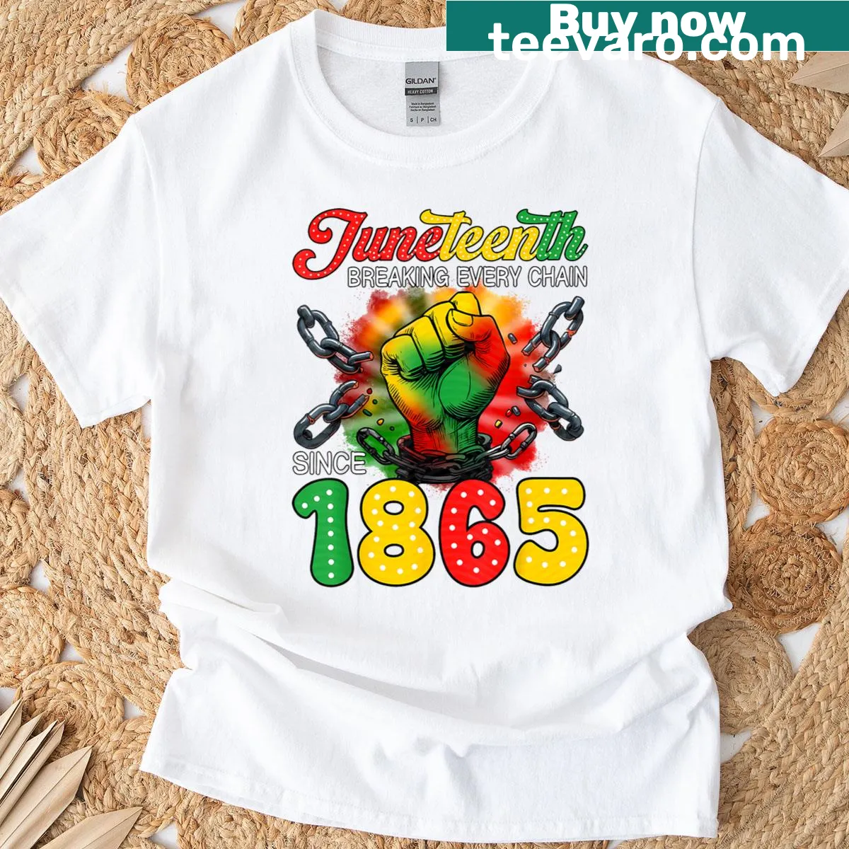Juneteenth t-shirt featuring bold text about freedom since 1865 — on a men's t-shirt