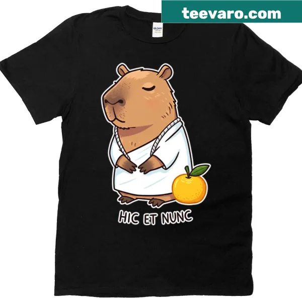 Illustrated capybara in a toga with fruits on a t-shirt