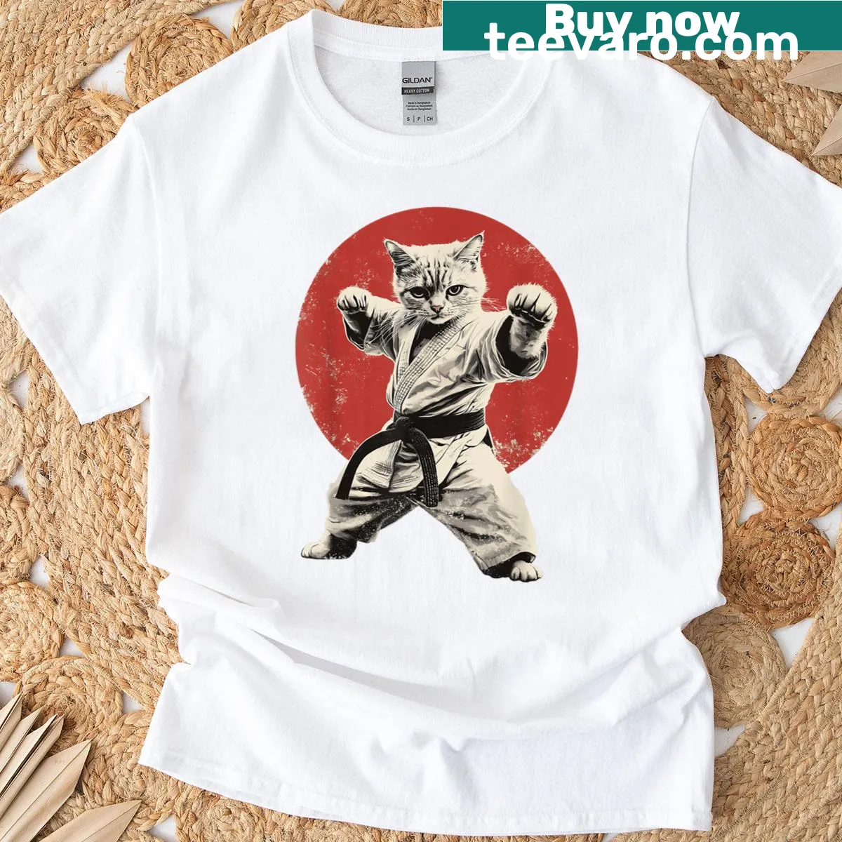 Funny graphic t-shirt with a cat in a karate pose and Japanese flag. — on a men's t-shirt