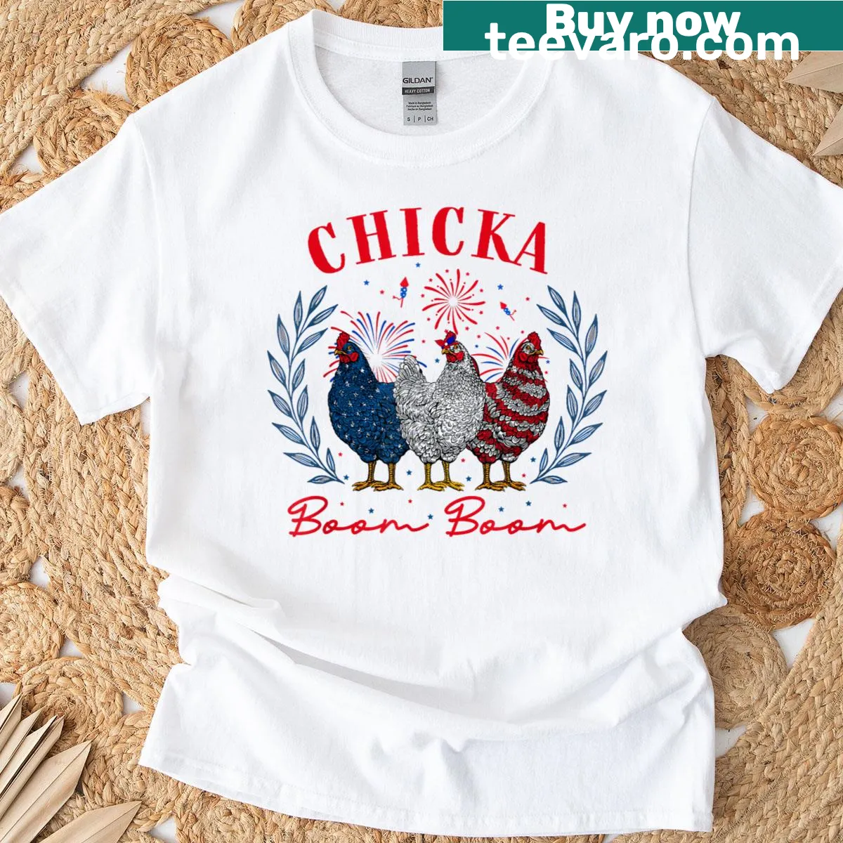 Cute retro chicken design for Fourth of July on a T-shirt — on a men's t-shirt