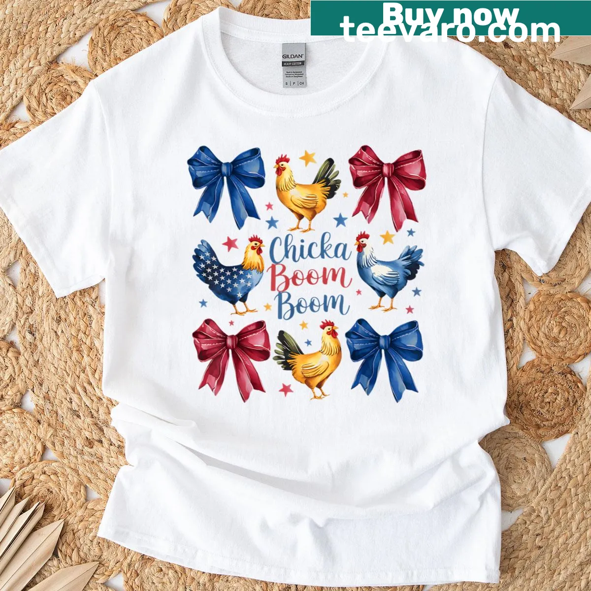 Funny graphic of a chicken with an American flag on a T-shirt — on a men's t-shirt
