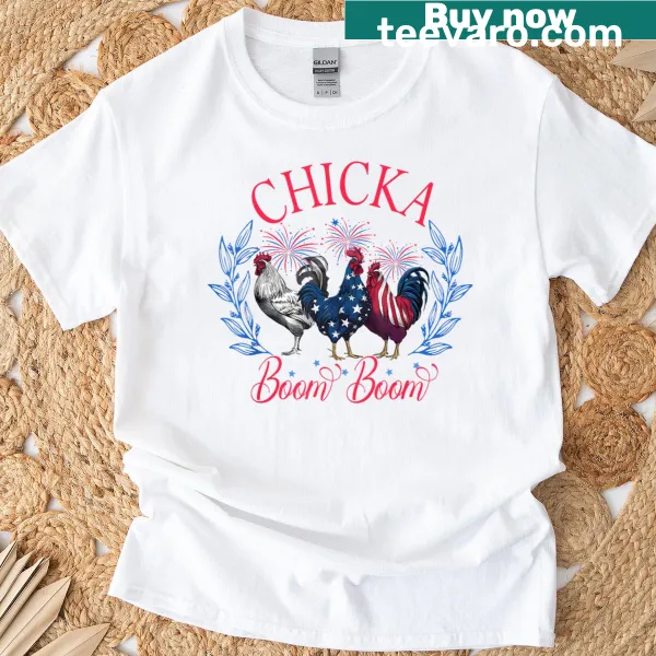 Funny chicken graphic celebrating Fourth of July in a patriotic theme.