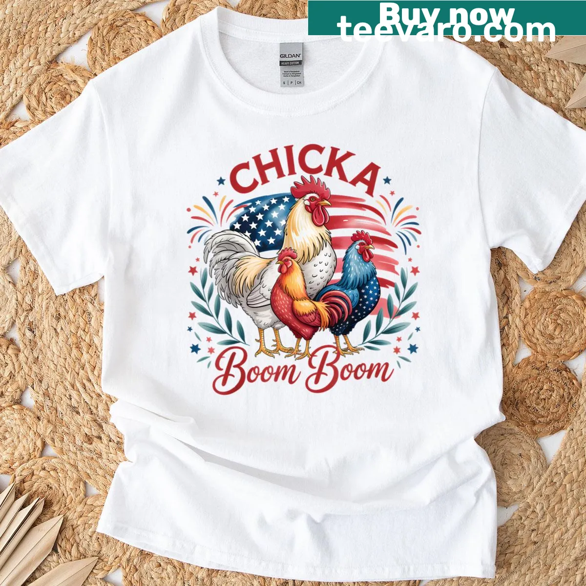 Patriotic chicken farmer illustration for Fourth of July on a T-shirt — on a men's t-shirt