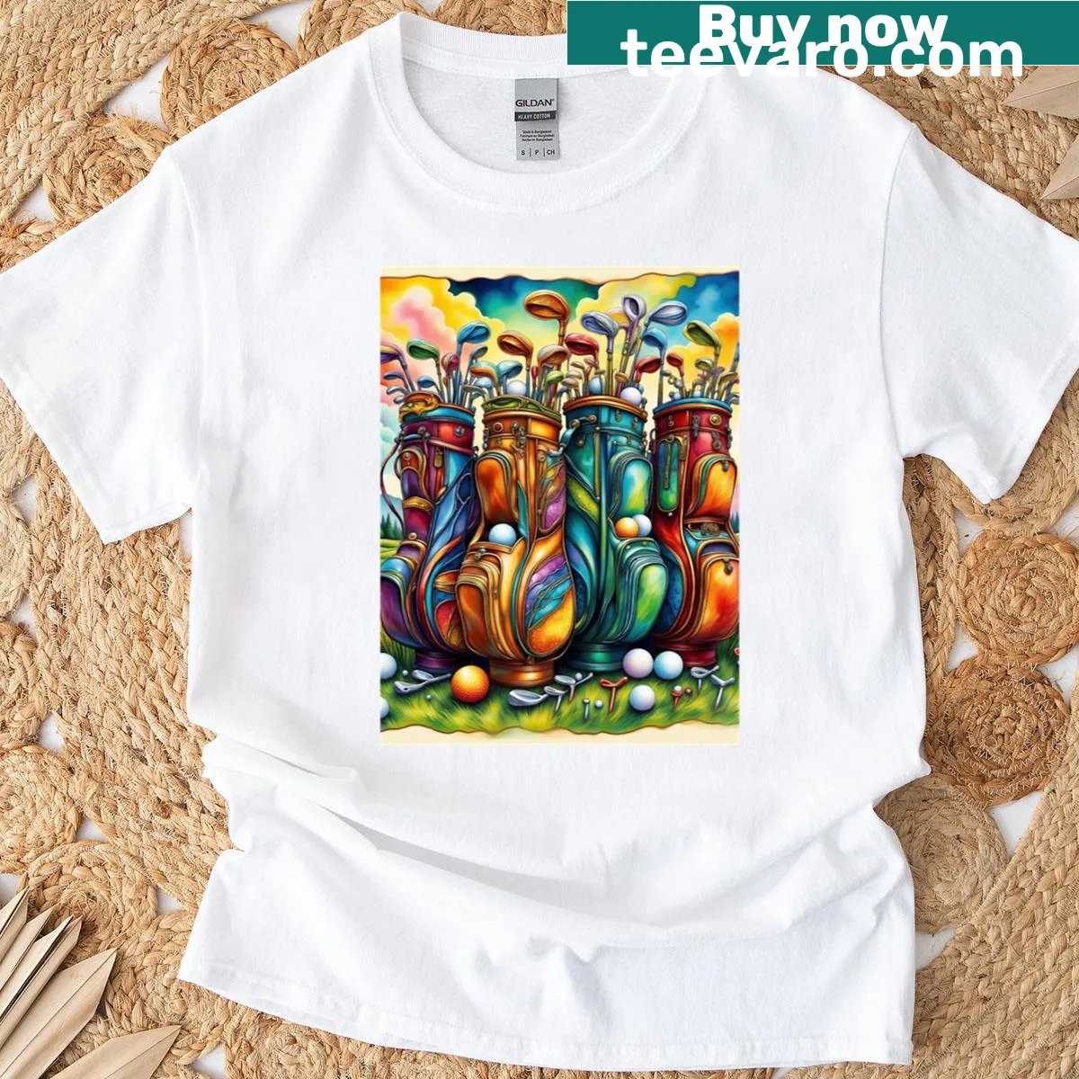 Illustrated golf gear bags, clubs, and balls on a t-shirt — on a men's t-shirt