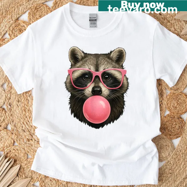 Cute raccoon blowing a bubble gum on a T-shirt