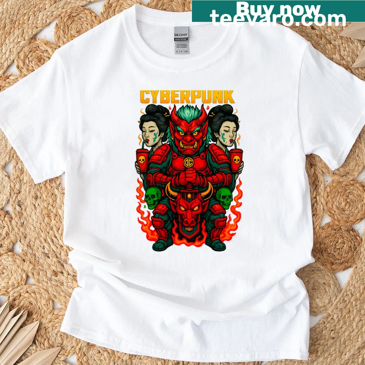 Cyberpunk Oni Guardians illustration on a T-shirt — on a men's t-shirt